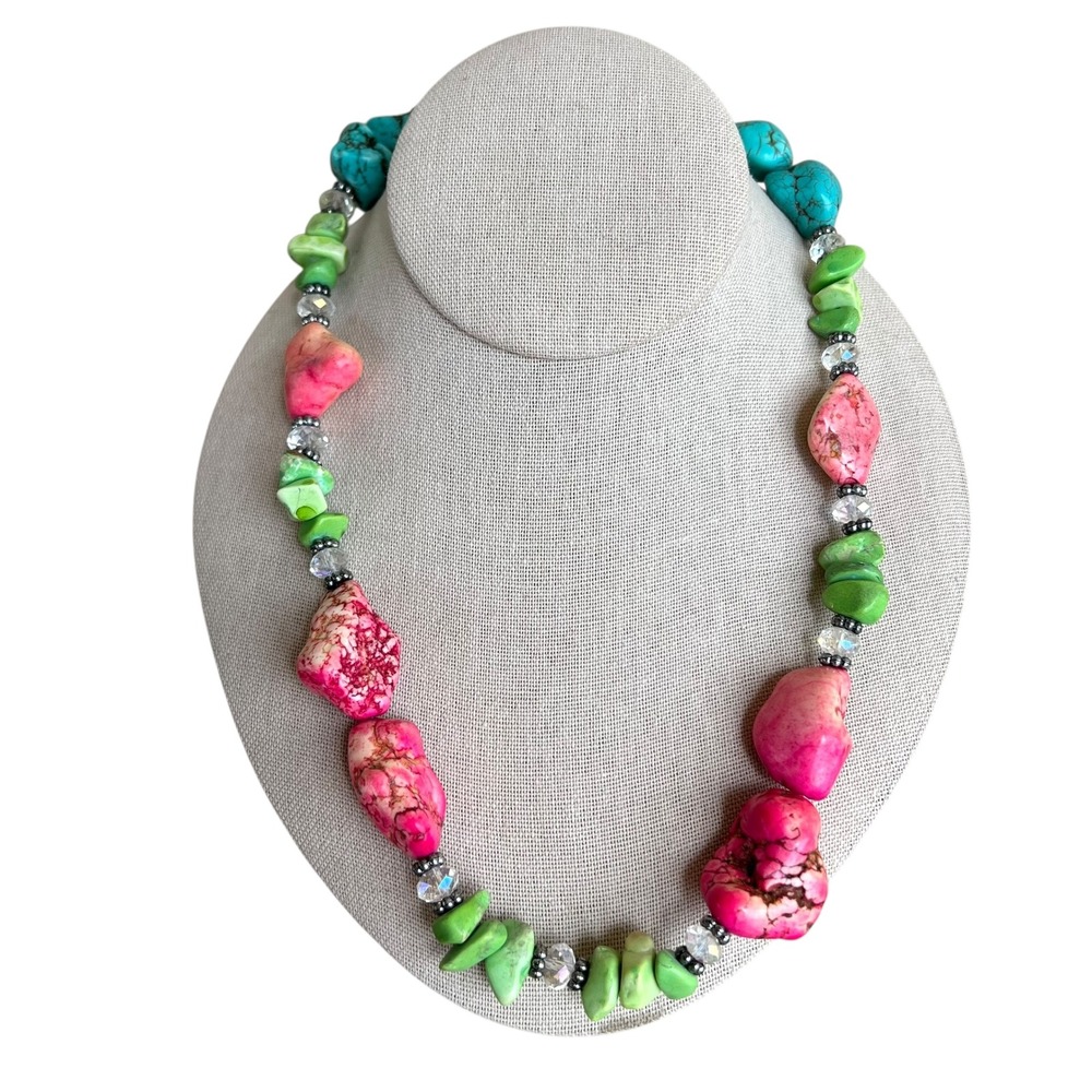 Vtg Chunky Turquoise/ Pink Green‎ Agata stone Necklace Beaded Statement Jewelry
